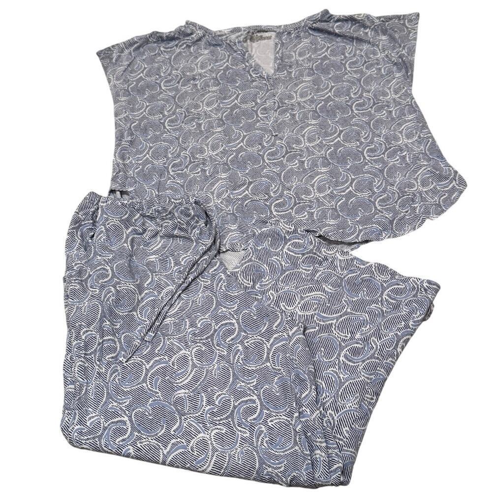 Nottibianche Split Round Neck Short Sleeve Pant 2 Piece Pajama Set Blue White M